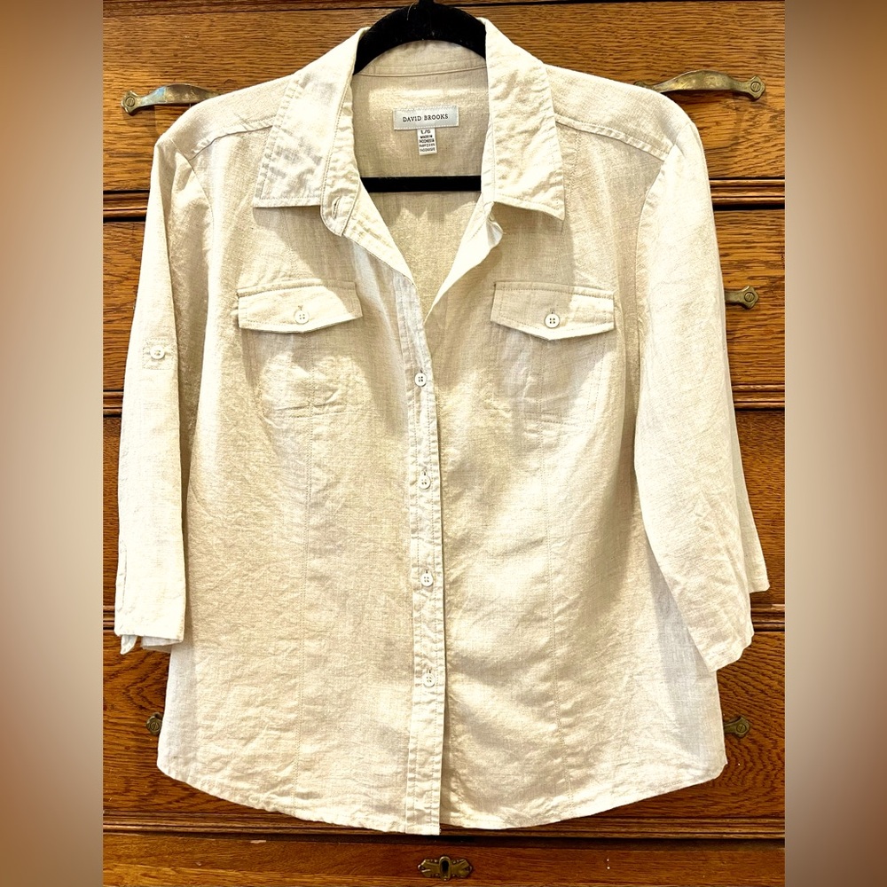David Brooks Beige Linen Button-Up Shirt